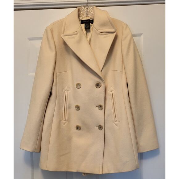 Banana Republic Ivory Soft Wool Double Breasted Fully Lined Pea Coat Size Small - Picture 1 of 15